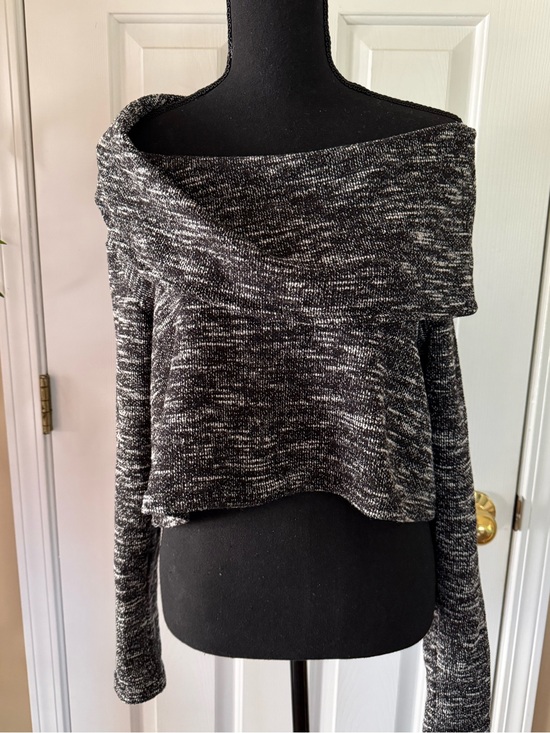Sympli Sweaters - Sympli Black & White Marled Off-the-Shoulder Top